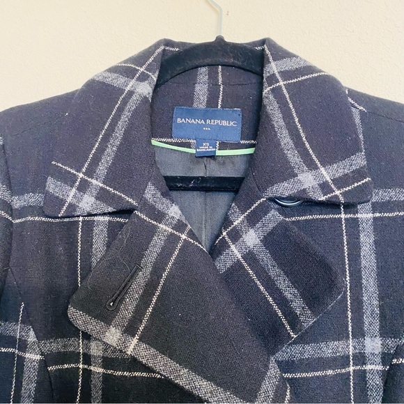 Banana Republic Plaid Black Pea Coat Wool Blend Size XS Preppy Academia Business - Picture 4 of 13